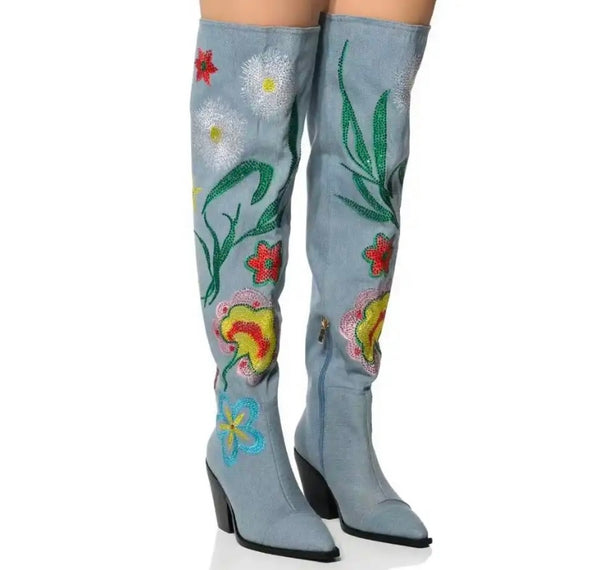 Women Fashion Printed Knee High Western Denim Boots