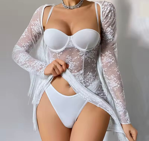 Women Sexy White Lace Tassel Lingerie Set