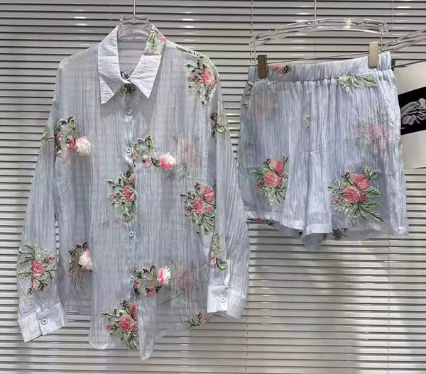 Women Floral Collar Button Up Full Sleeve Two Piece Short Set