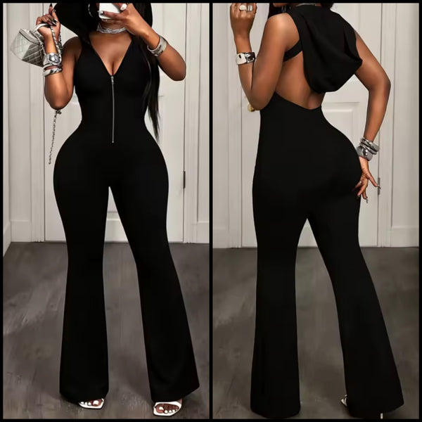 Women Black Sleeveless Hooded Open Back Jumpsuit