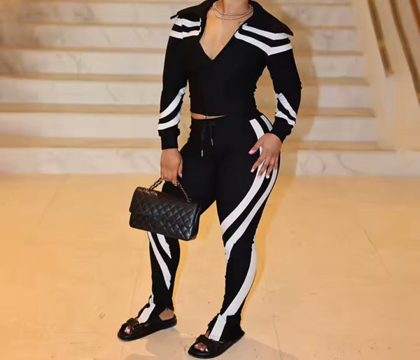 Women Striped Zip Up Full Sleeve Tracksuit Two Piece Pant Set