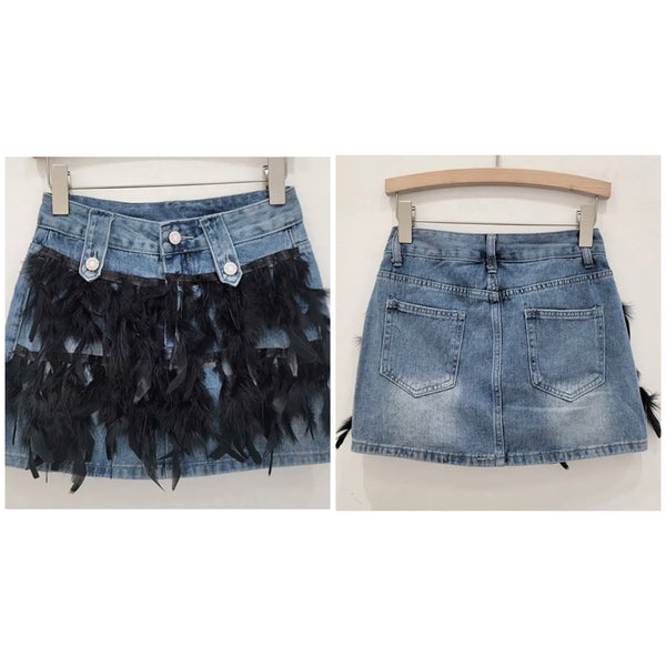 Women Fashion Feather Patchwork Denim Skirt