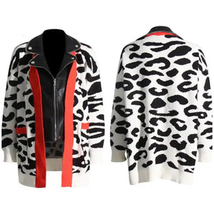 Women Fashion Leopard Print Faux Leather Patchwork Sweater Jacket