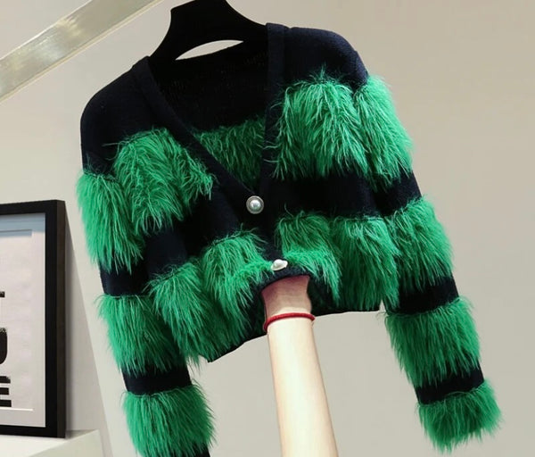 Women Fashion Button Up Color Patchwork Faux Fur Sweater Top