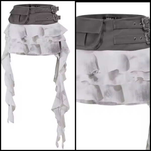 Women Sexy Fashion Buckled Color Patchwork Ruffled Skirt