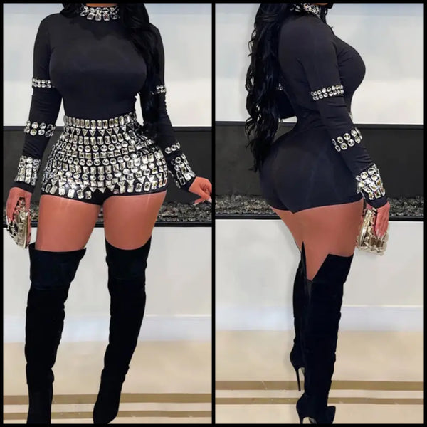 Women Black Bling Rhinestone Full Sleeve Sexy Fashion Romper