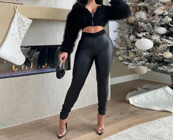 Women Sexy Two Piece Faux Fur Zip Up Full Sleeve PU Pant Set