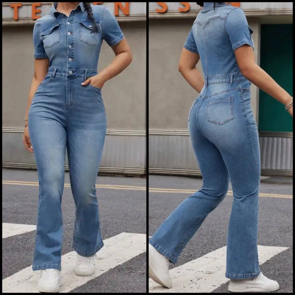 Women Fashion Button Up Short Sleeve Denim Jumpsuit