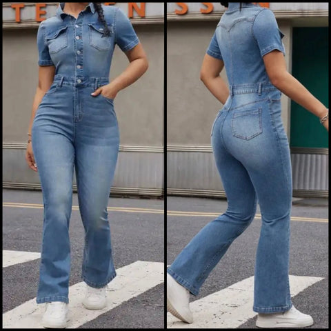 Women Fashion Button Up Short Sleeve Denim Jumpsuit