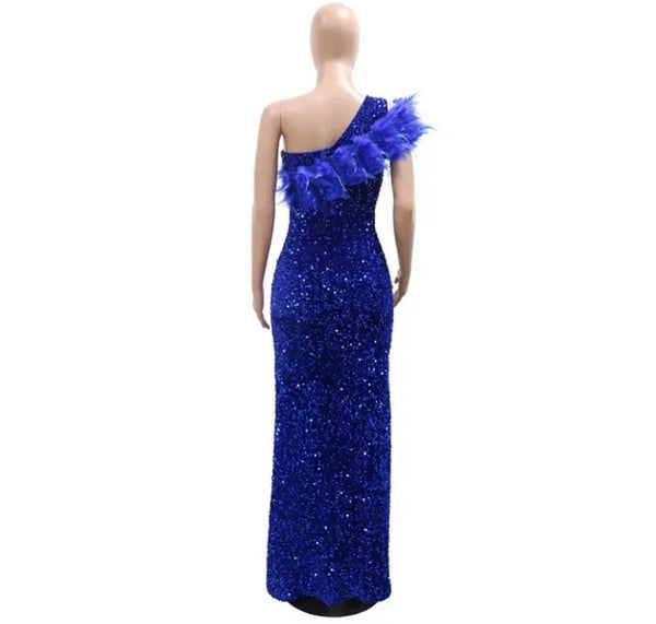 Women Sexy Feather Sequins One Shoulder Side Slit Maxi Dress