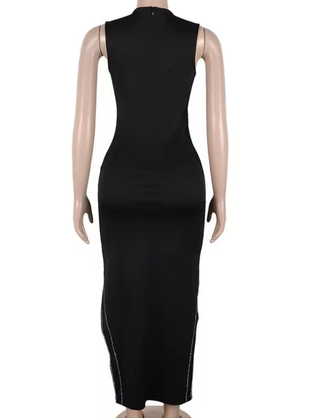 Women Sexy Sleeveless Black Bling Print Side Split Dress