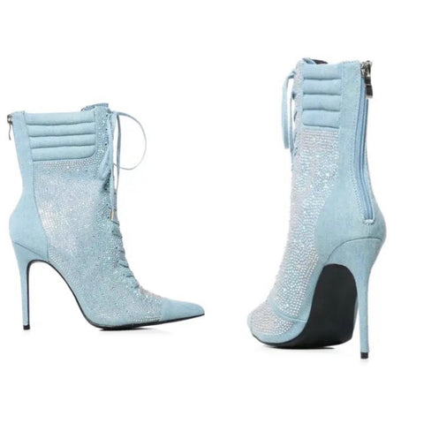 Women Pointed Toe Denim Bling Lace Up Ankle Boots