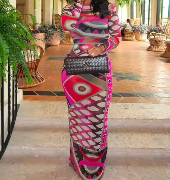 Women Sexy Multicolored Print Full Sleeve Mesh Maxi Dress