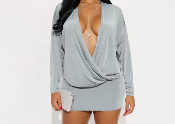 Women Sexy Draped V-Neck Full Sleeve Dress
