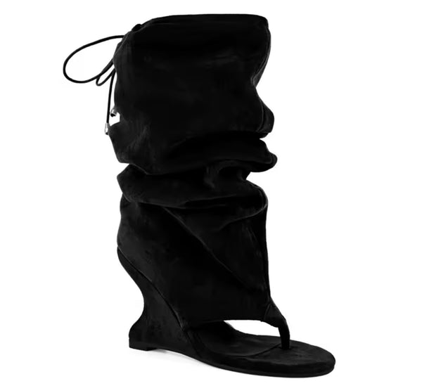 Women Fashion Suede Open Toe Wedge Ruched Drawstring Boots