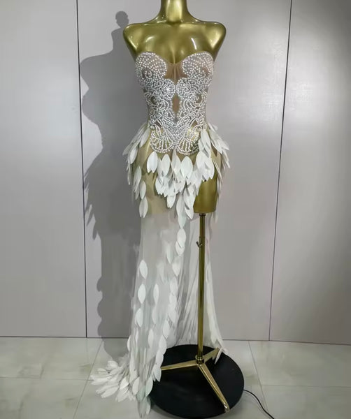 Women Sexy Strapless Beaded Sequins Side Split Maxi Dress
