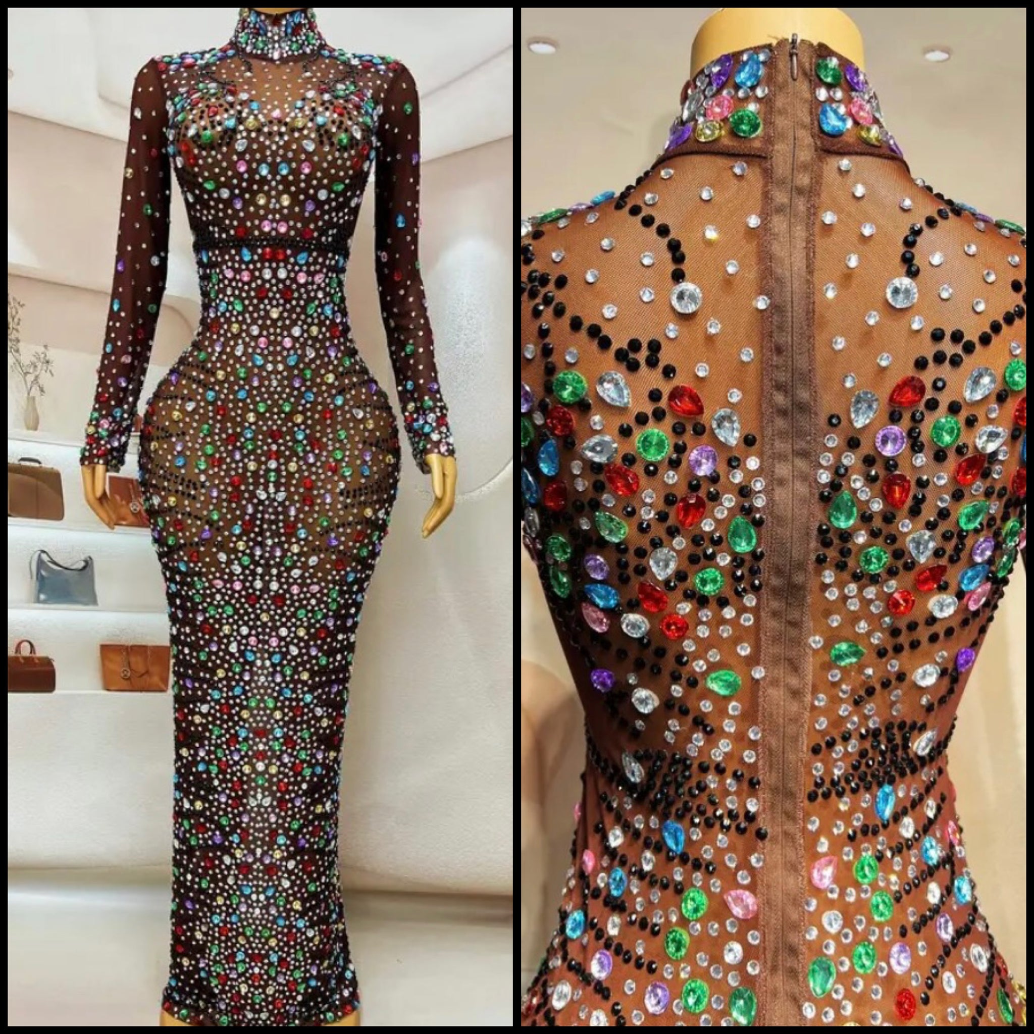 Women Sexy Mesh Colorful Crystal Full Sleeve Maxi Dress