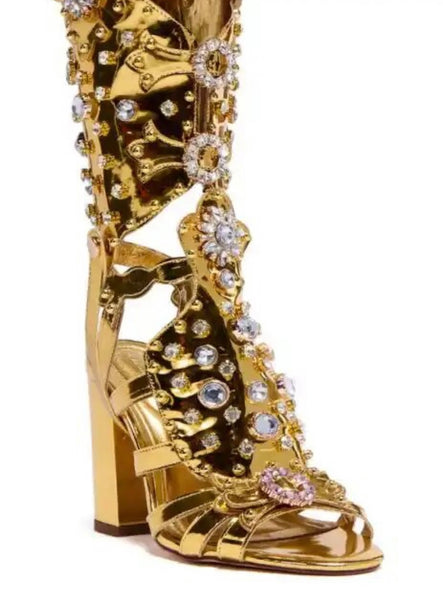 Women Fashion Open Toe Gold Rhinestone Detachable Boots