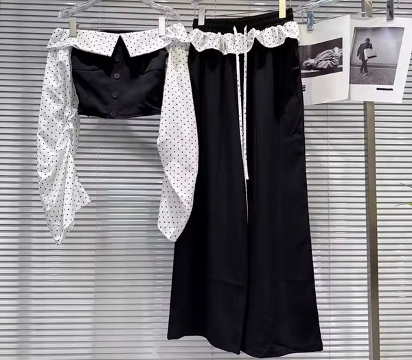 Women Fashion Polka Dot Off The Shoulder Full Sleeve Two Piece Pant Set