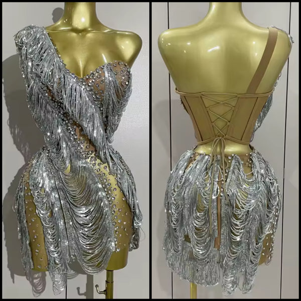 Women Sexy Sleeveless Silver Sequins Tassel Rhinestone Mesh Dress