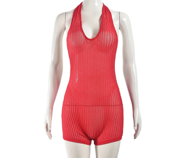 Women Sexy Red Halter Sleeveless See Through Romper