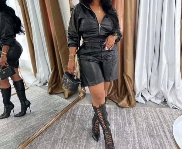 Women Fashion Hooded Zip Up Faux Leather Two Piece Short Set