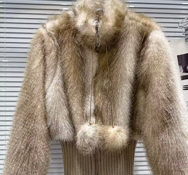 Women Fashion Color Patchwork Zip Up Faux Fur Jacket