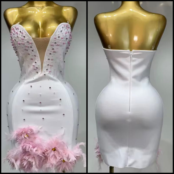 Women White Sexy Pink Feather Rhinestone Dress