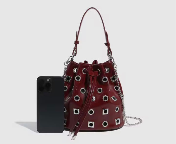 Women Fashion Faux Leather Metal Rivet Handbag Purse