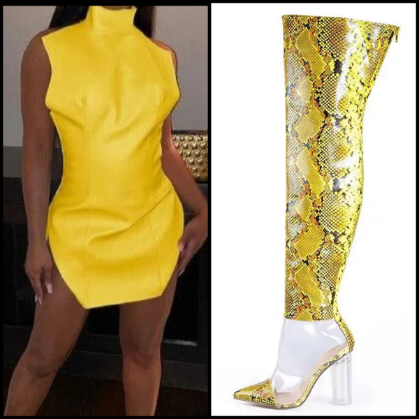 Women Fashion Yellow Animal Print Transparent Knee High Boots