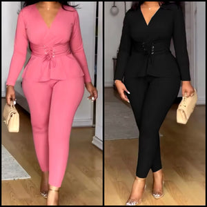 Women Solid Color Tie Up Full Sleeve Two Piece Pant Set