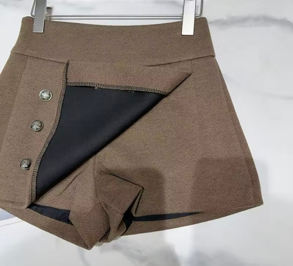 Women Color Fashion Button Tweed Wrap Shorts