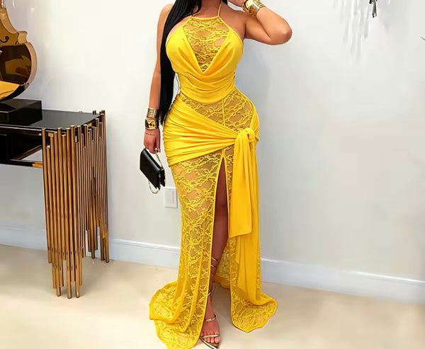 Women Sexy Halter Sleeveless Lace Side Split Maxi Dress