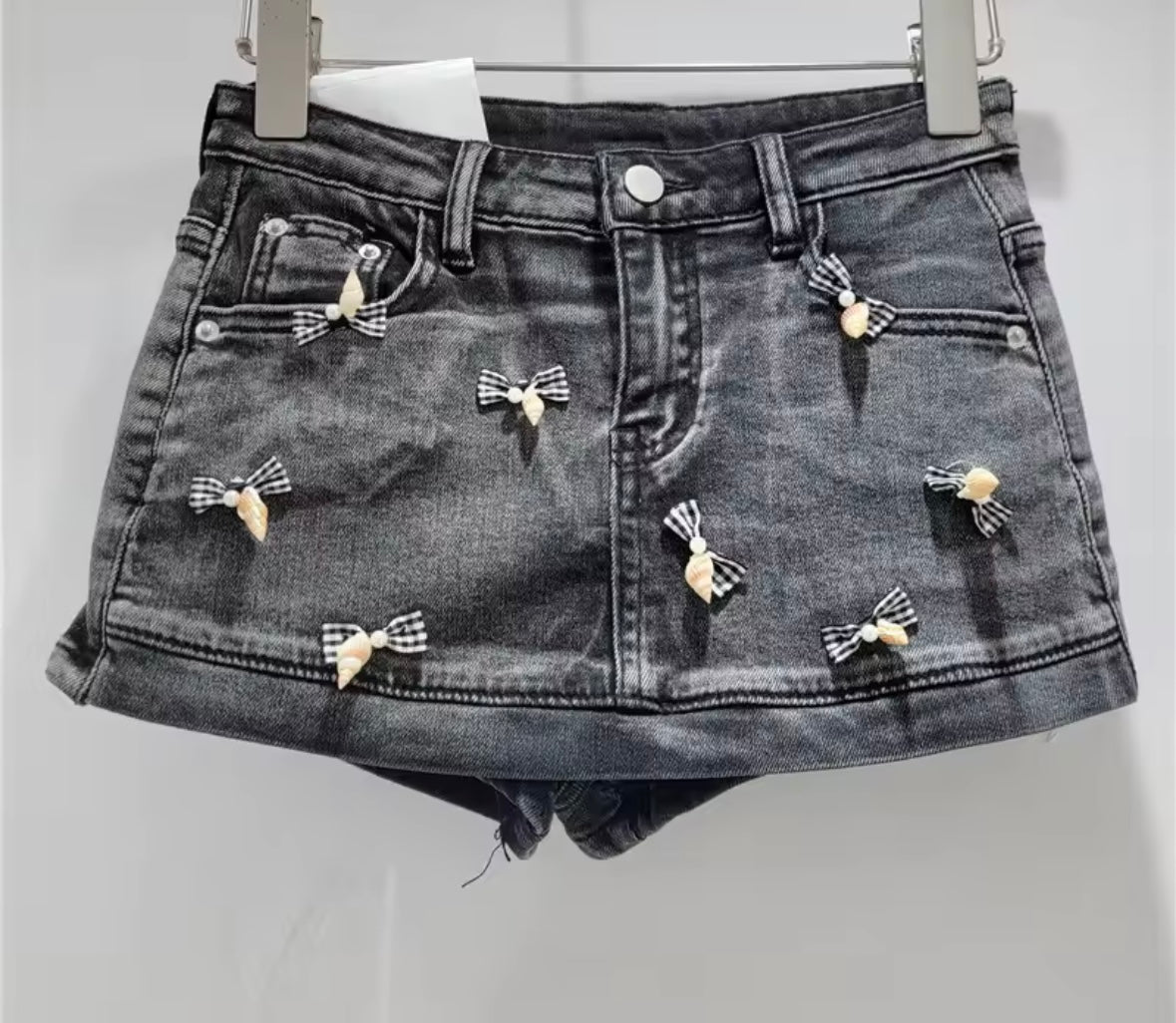 Women Fashion Pearl Plaid Bow Denim Wrap Shorts