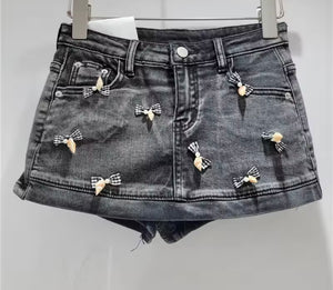 Women Fashion Pearl Plaid Bow Denim Wrap Shorts