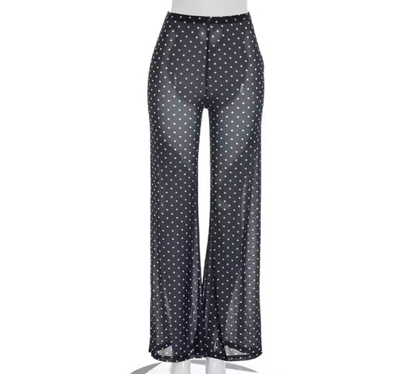 Women Sexy B&W Polka Dot Full Sleeve Mesh Two Piece Pant Set