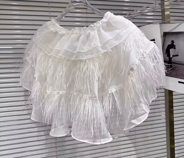 Women Ruffled Feather Tie Short Sleeve Two Piece Maxi Skirt Set