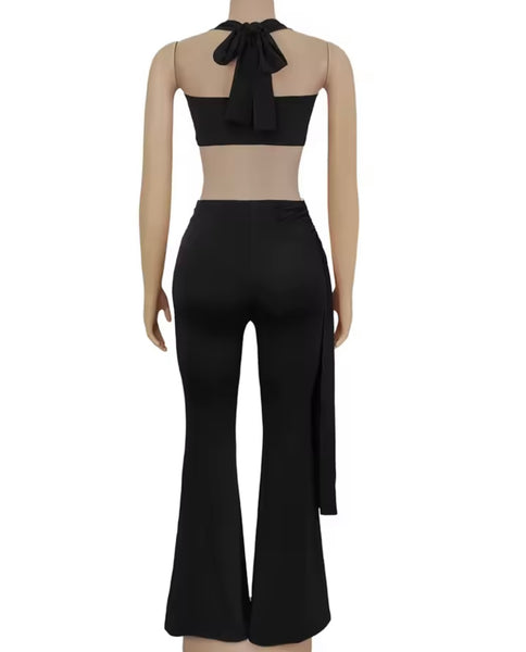 Women Sexy Halter Sleeveless Metal Cut Out Two Piece Wrap Pant Set