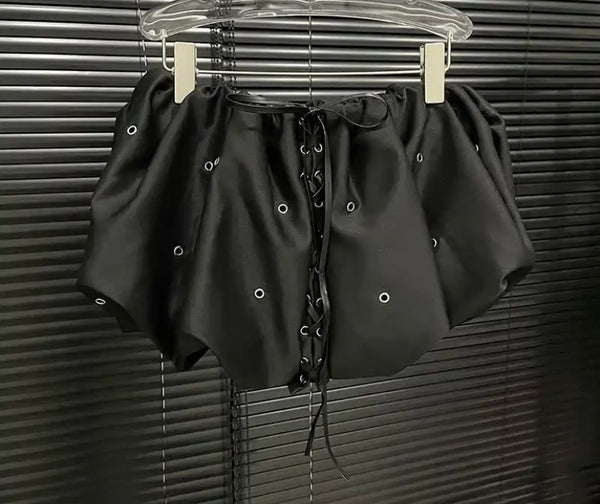 Women Sexy Black Lace Up Metal Hole Skirt