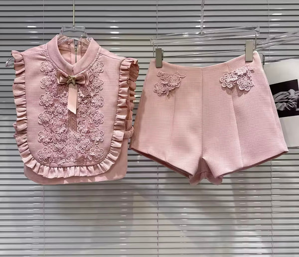 Women Bow Ruffled Lace Sleeveless Two Piece Short Set