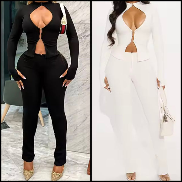 Women Sexy Solid Color Full Sleeve Cut Out Two Piece Pant Set