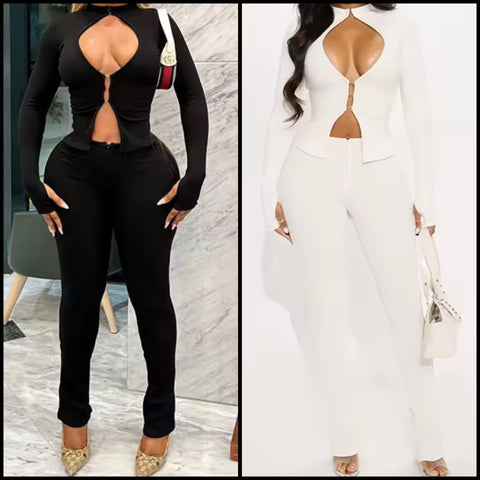 Women Sexy Solid Color Full Sleeve Cut Out Two Piece Pant Set