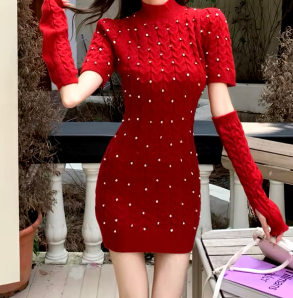 Women Fashion Bling Knitted Removable Sleeve Dress