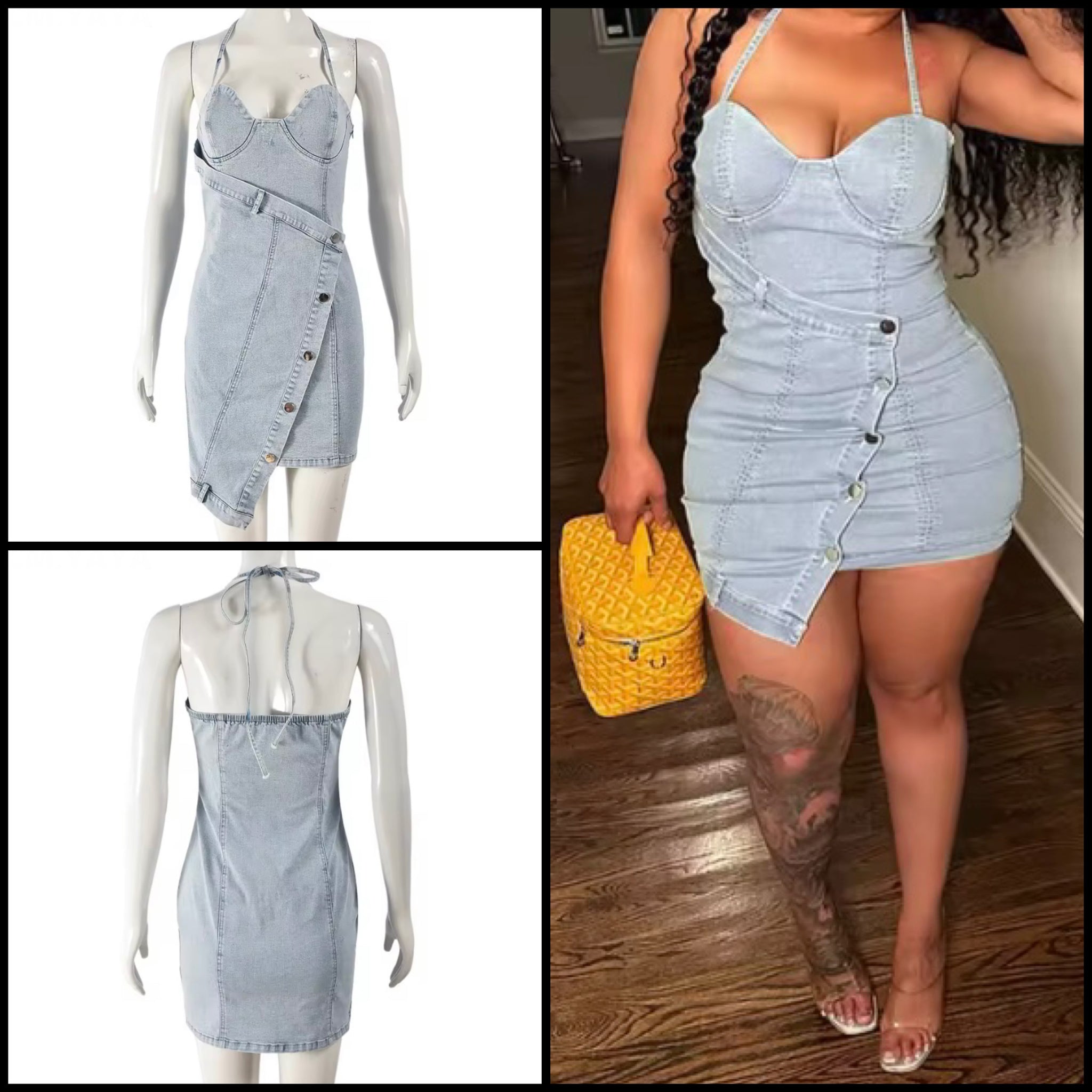 Women Sexy Halter Sleeveless Button Denim Dress