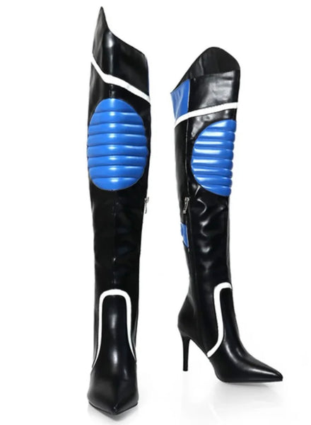 Women Pointed Toe Faux Leather Color Patchwork Knee High Boots