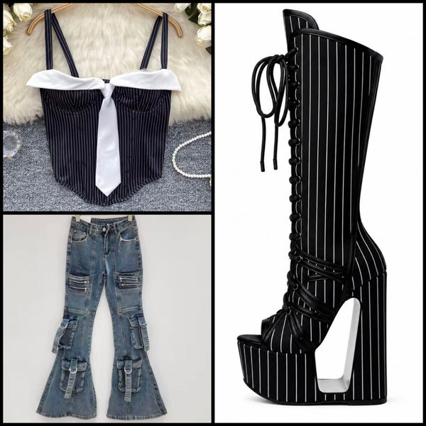 Women Fashion Striped Open Toe Platform Wedge Tie Up Boots