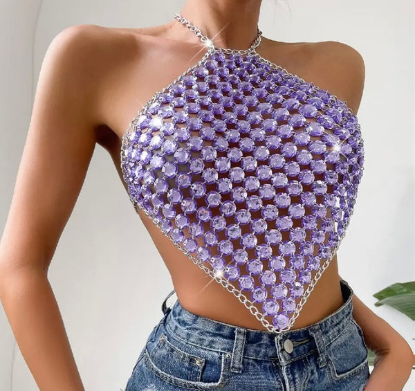 Women Sexy Fashion Purple Crystal Chain Halter Crop Top