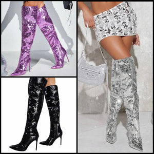 Women Fashion Knee High Sequins High Heel Boots