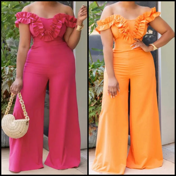 Women Sexy Ruffled Off The Shoulder Open Back Jumpsuit