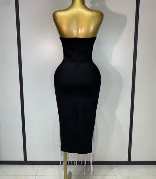 Women Sexy Strapless Beaded Rhinestone Tassel Dress
